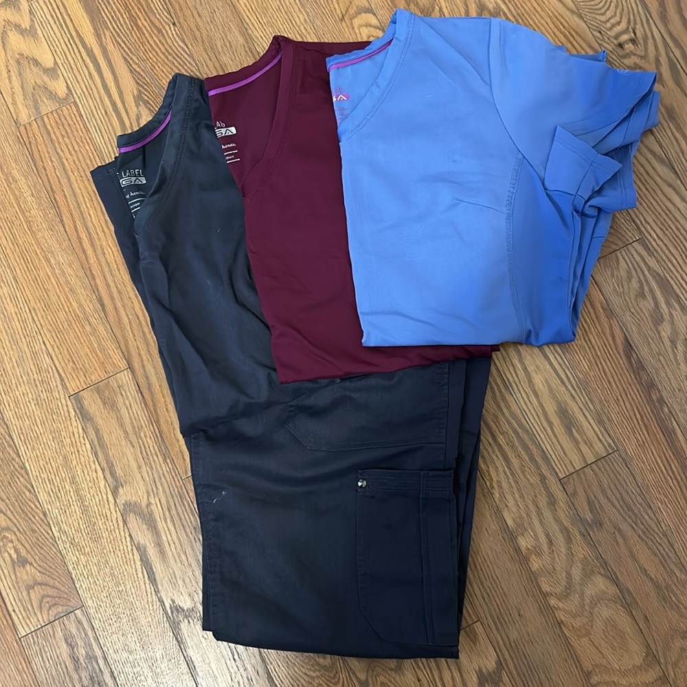 Healing Hands Purple Label Yoga Scrub Set +2 tops. Steal Gray, Burgundy, & Blue